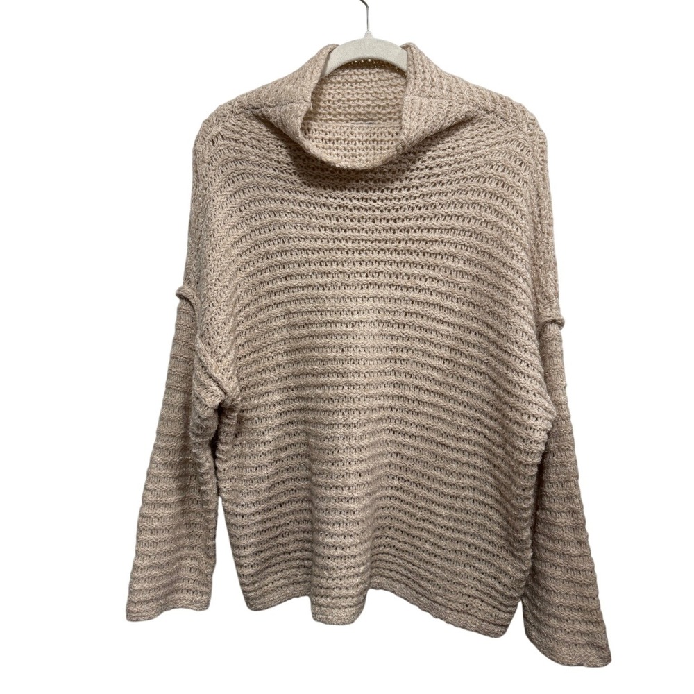Aerie Womens M Oversized Mock Neck Chunky Knit Sweater Oatmeal Beige Wool Blend